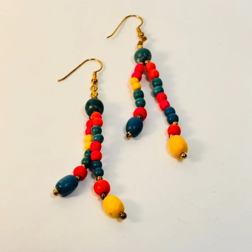Vintage Wood Bead Dangle Earrings Multicolor Boho Statement Whimsygoth Jewelry